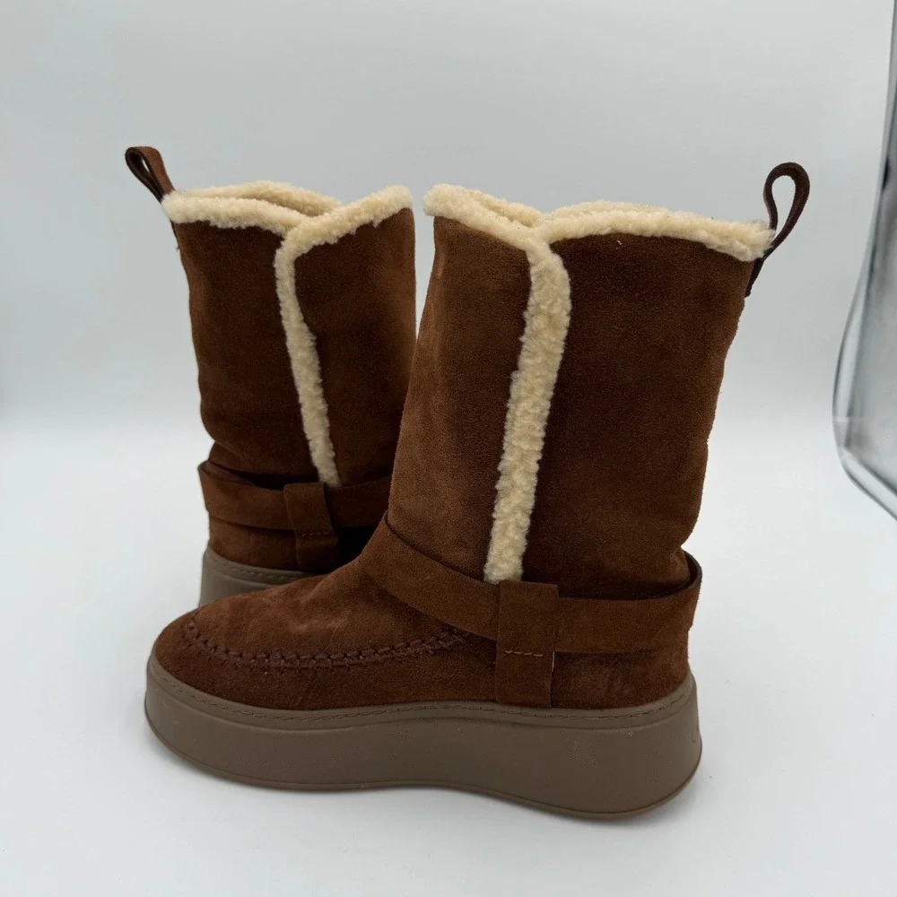 NWOT Odissi Suki Suede Harness Winter Booties Shearling Lined Platform Boots 8.5